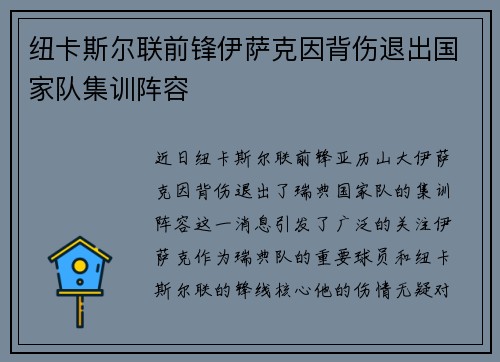 纽卡斯尔联前锋伊萨克因背伤退出国家队集训阵容